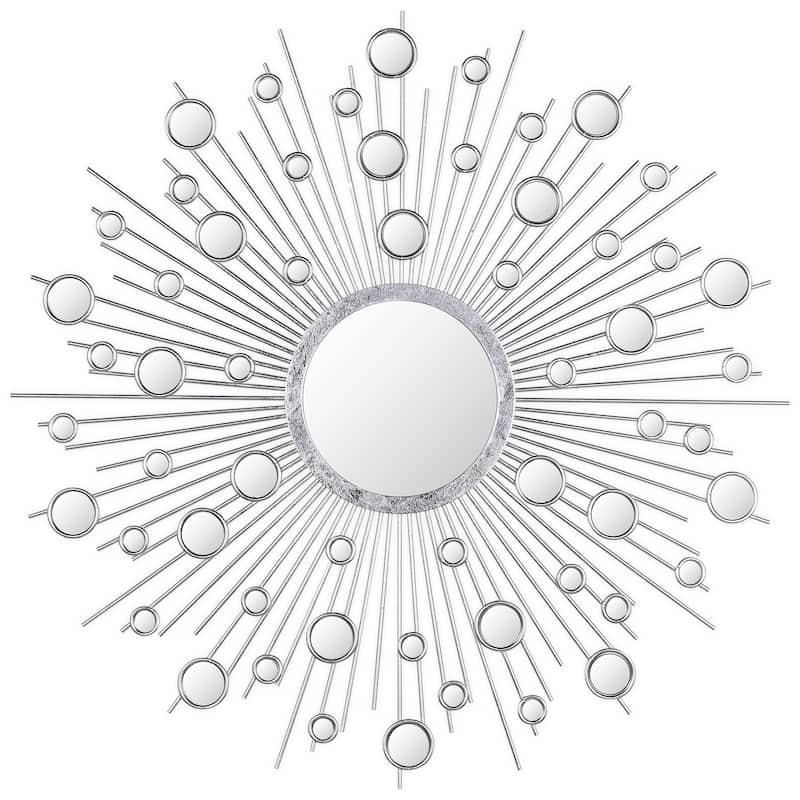 "Milkyway I" Bling Round Wall Mirror with Silver Metal Frame, Decorative Mirror - 36 x 36