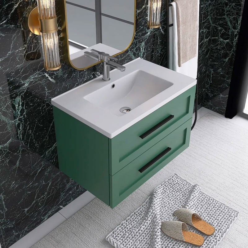 Wall-Mounted Bathroom Vanity in Green with White Ceramic Sink