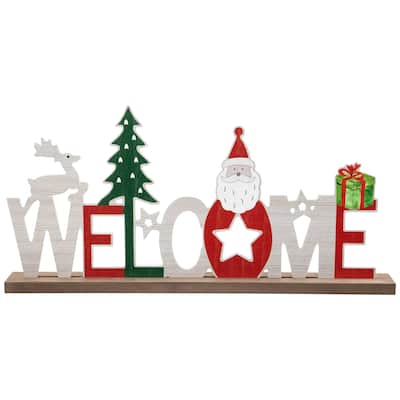 Wooden "Welcome" Christmas Sign - 16" - Red and White