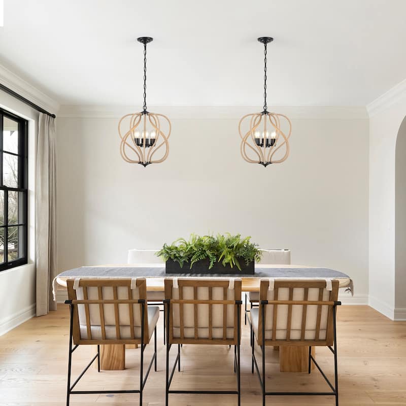 6-Light Rustic Rope - Wrapped Metal Chandelier, Adjustable Height, E12 Bulb Compatible - Matte Black