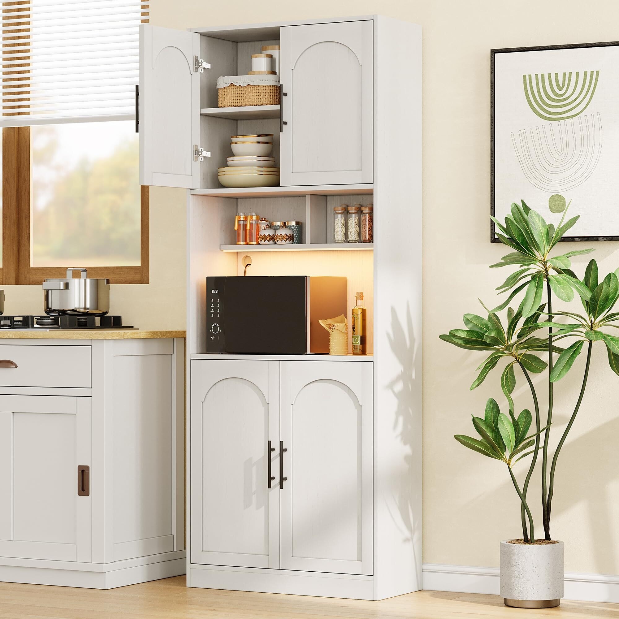 Kitchen Pantry Cabinet with RGB Light, Tall Kitchen Hutch Bar