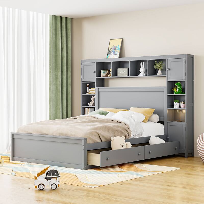 Queen Bed Frame with All-in-One Cabinet, Shelves, and Charging Outlets
