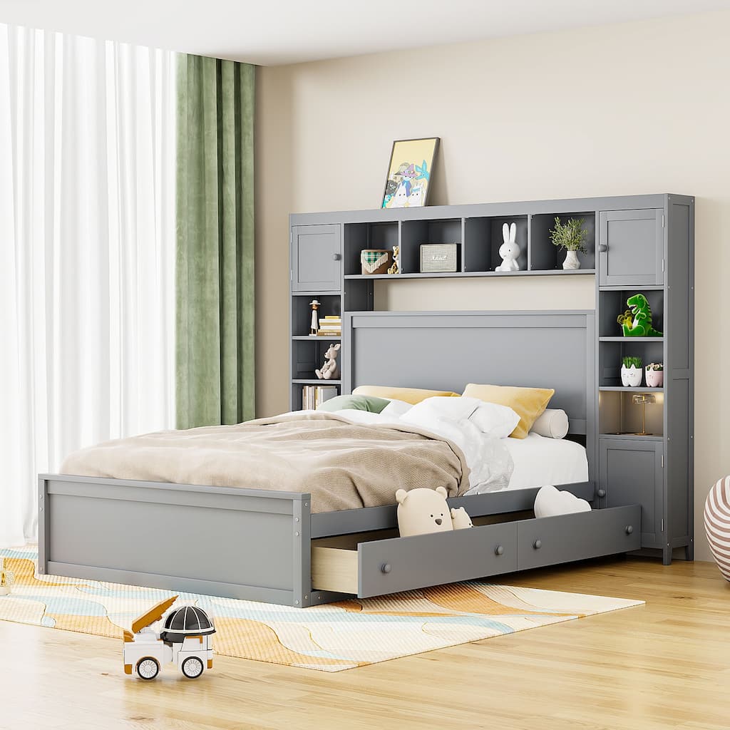 Queen Size Wooden Bed with Built-in Storage, Shelves, and Outlets in Gray