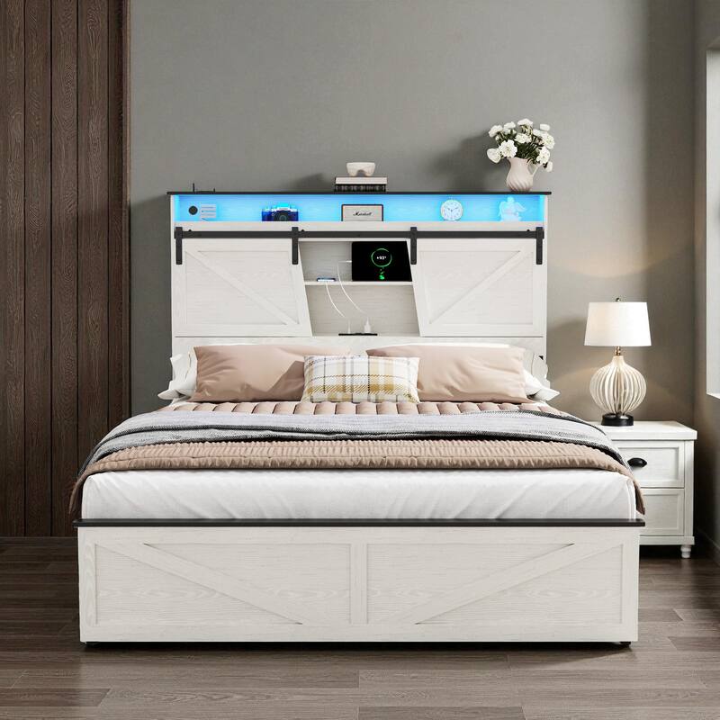 Farmhouse Full/Queen Bed Frame with Storage Headboard, Drawers, Charging Station and RGB LED Lights, MDF and Steel Platform Bed - White - Queen