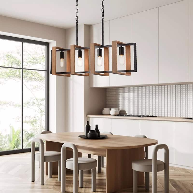 4-Light Chandelier Rustic Wood Island Ceiling Pendant Lamp Fixture - 33" x 50"