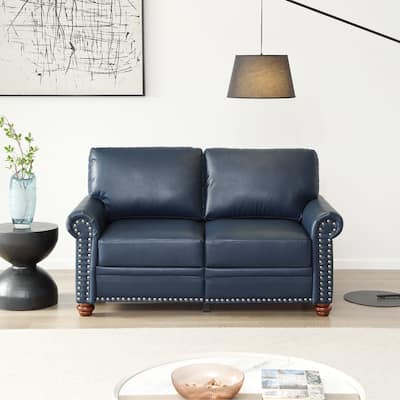 Living Room Sofa Loveseat Round Arm with Silver Nails Couch Navy Blue Faux Leather