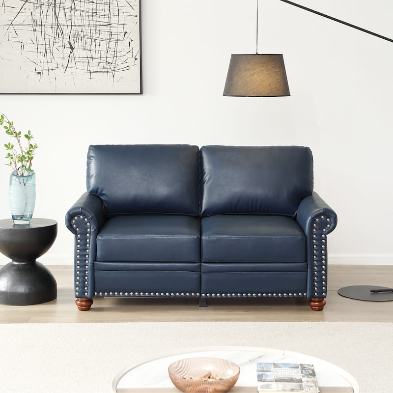 Navy Blue Faux Leather Loveseat with Silver Nails and Storage - Multi-Color