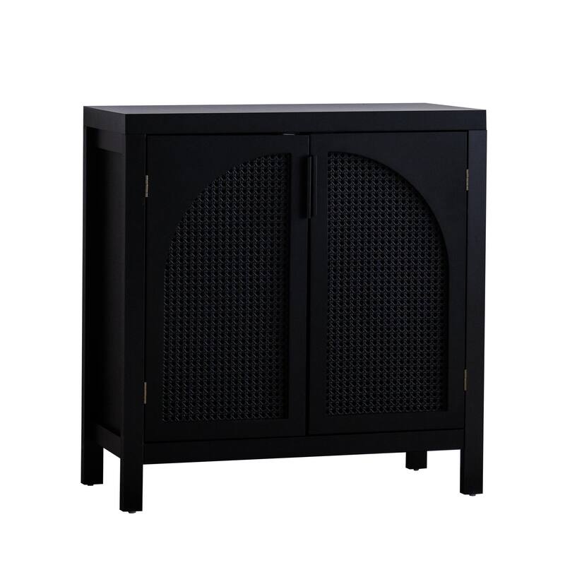 Accent Cabinet with Arched Rattan Doors, Multi-Functional Narrow Storage Cabinet, Buffet Cabinet with Adjustable Shelf