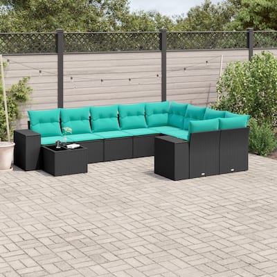 vidaXL 10 Piece Patio Sofa Set with Cushions Black Poly Rattan - 24.4 x 24.4 x 27.2-With table