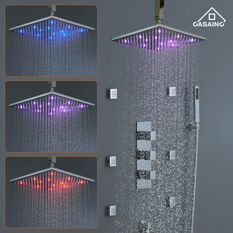 Celling 12 inch LED 3 Function Thermostatic Shower System with 6 Body Jets