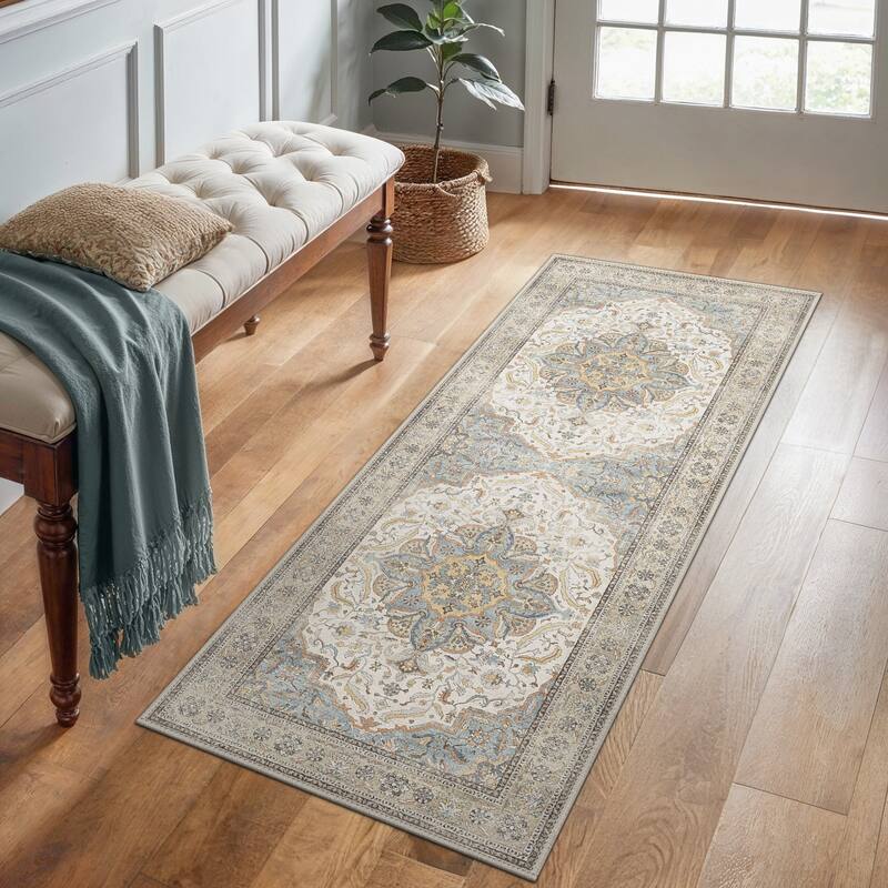 Mcow Botanical Collection Low-Pile Machine-Washable Non-Slip Area Rug - 2' x 7' - Beige - Runner