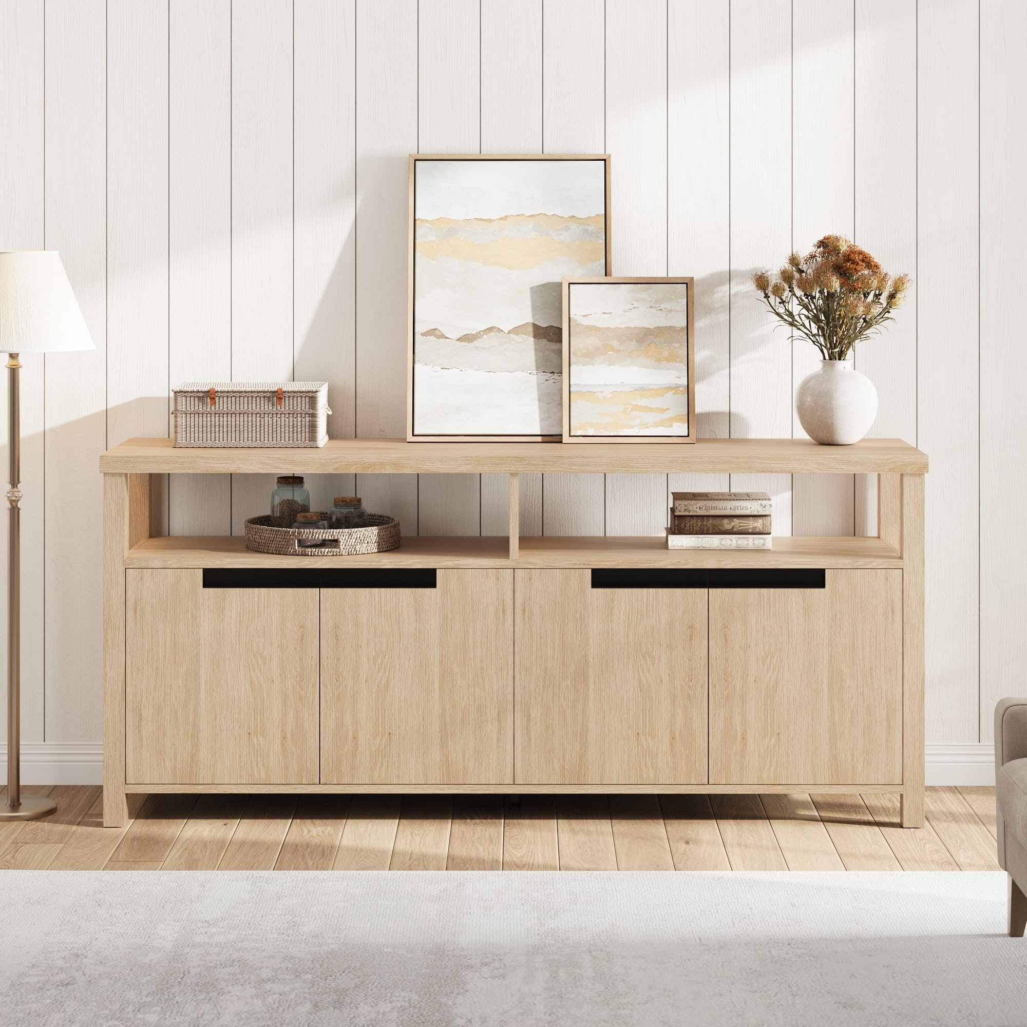 63" Farmhouse TV Stand for TV Up to 70 Inches, Long Entertainment Center with 4 Door