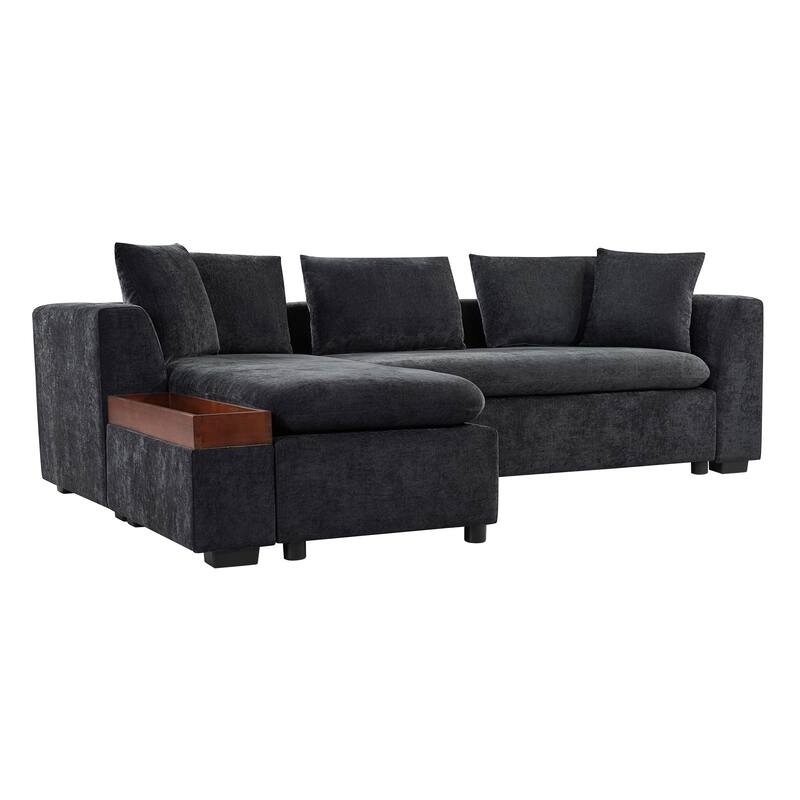 L-Shaped Sectional Sofa with Chaise Lounge, Chenille Upholstered Sleeper Couch with Wooden Storage Compartment & Throw Pillows