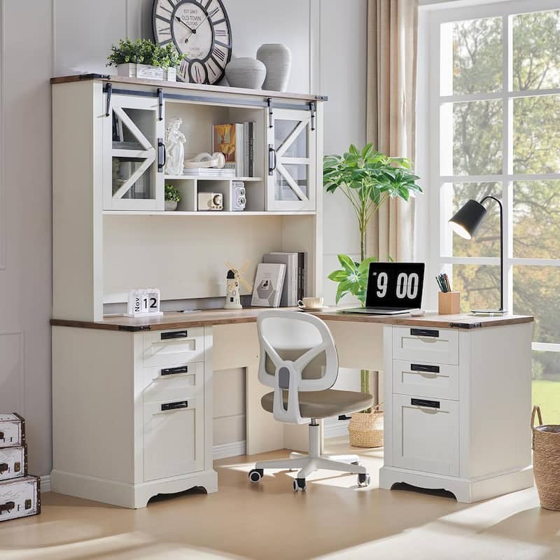 Farmhouse L Shaped Desk with Hutch, Wood Desk with Charging Station
