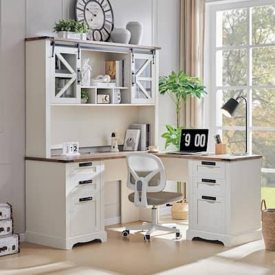 Farmhouse L Shaped Desk with Hutch, Wood Desk with Charging Station