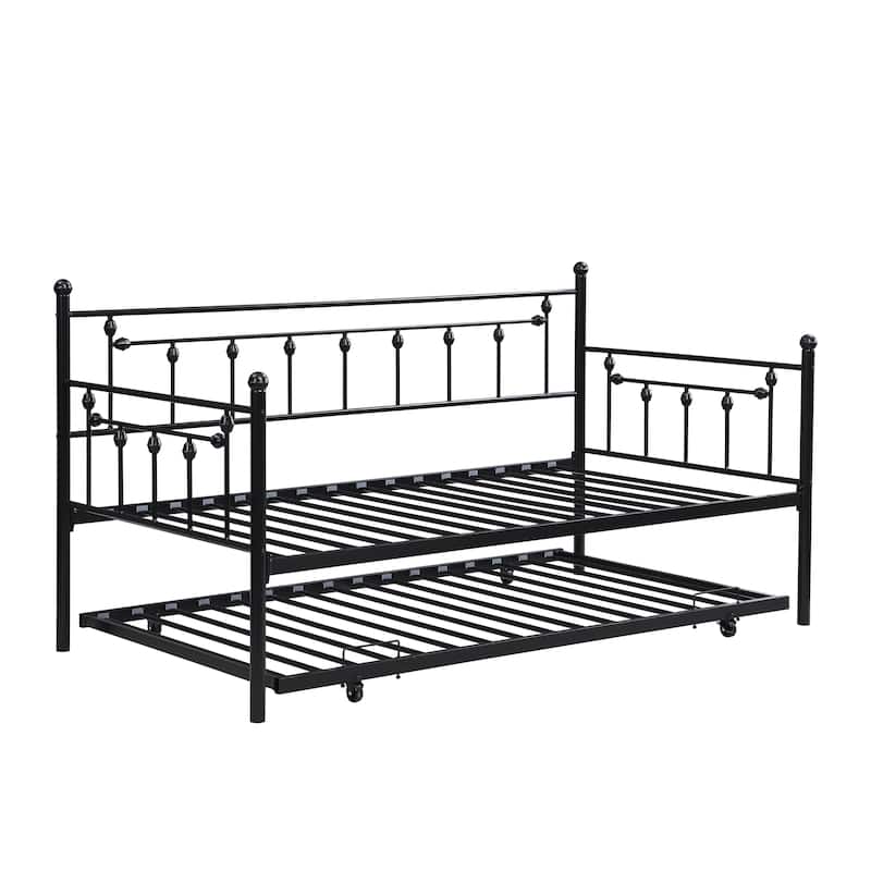 Black Twin Size Metal Daybed with trundle and Back for Kids, Boys, Girls and Bedroom