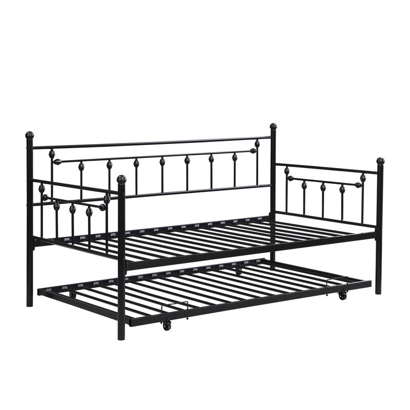 Modern Black Daybed with Trundle - Space Saving Steel Frame, No Box Spring Needed, 350 LBS Capacity