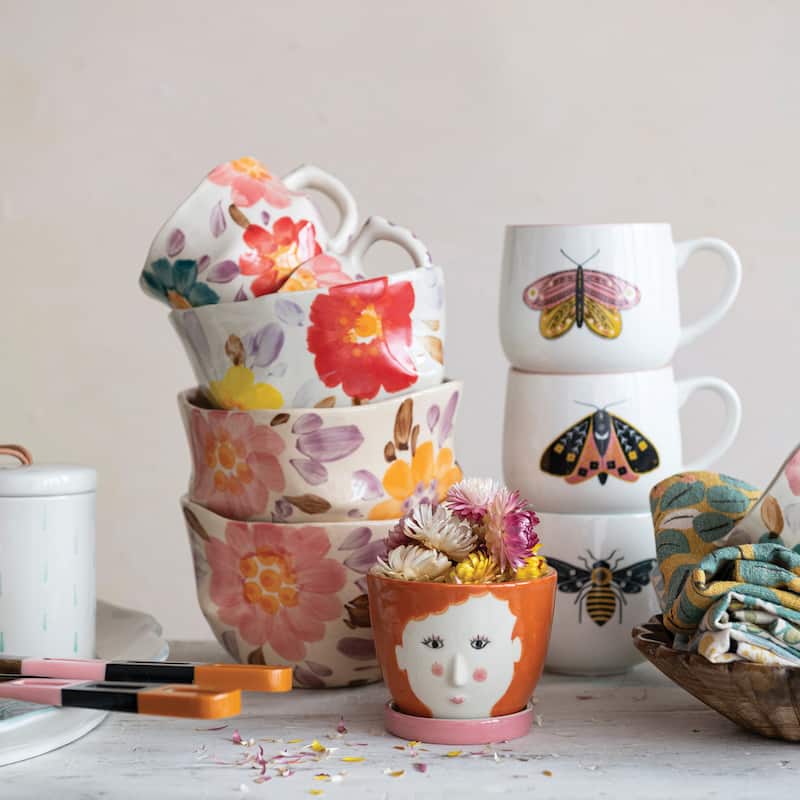 Stoneware Mugs with Painted Winged Insects - 5.3"L x 4.0"W x 3.8"H