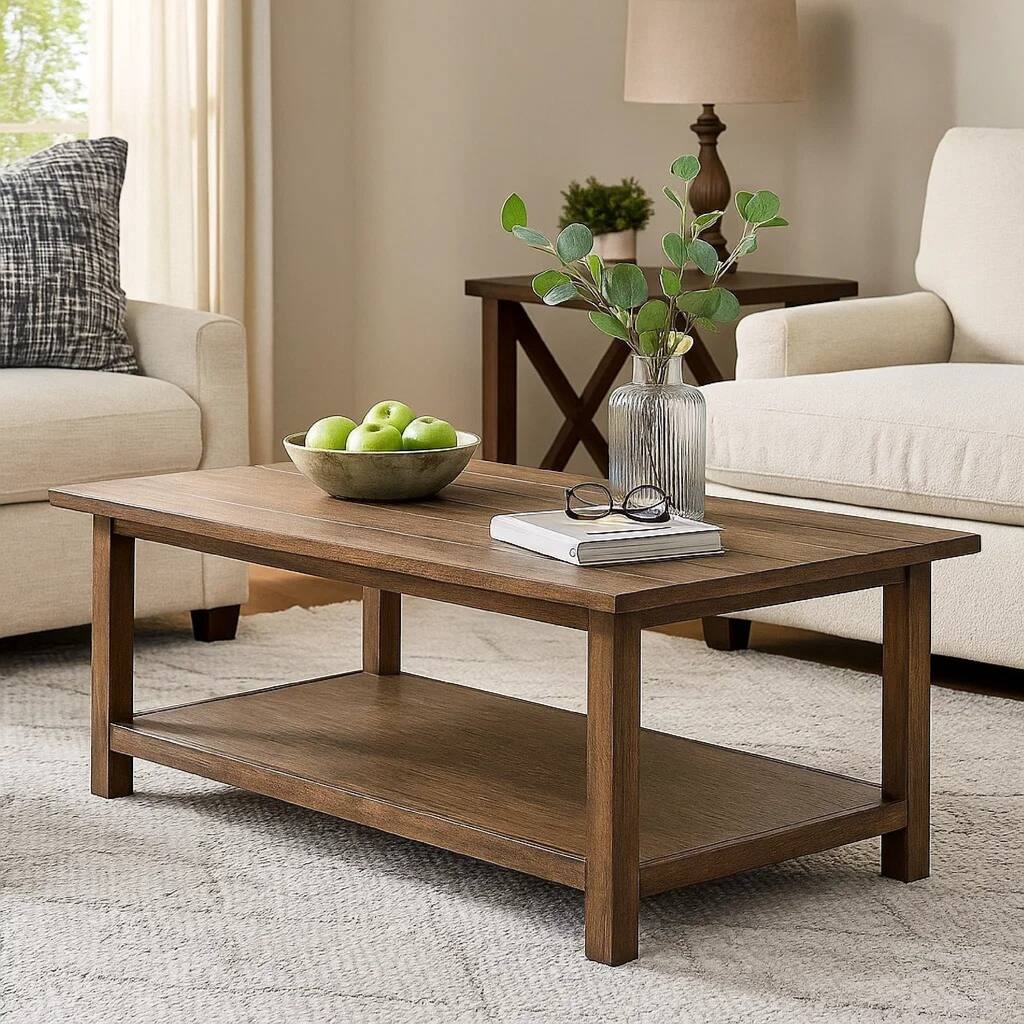 Ayne Coffee Table, 1 Shelf, Distressed Brown Wood Frame, 47 Inch