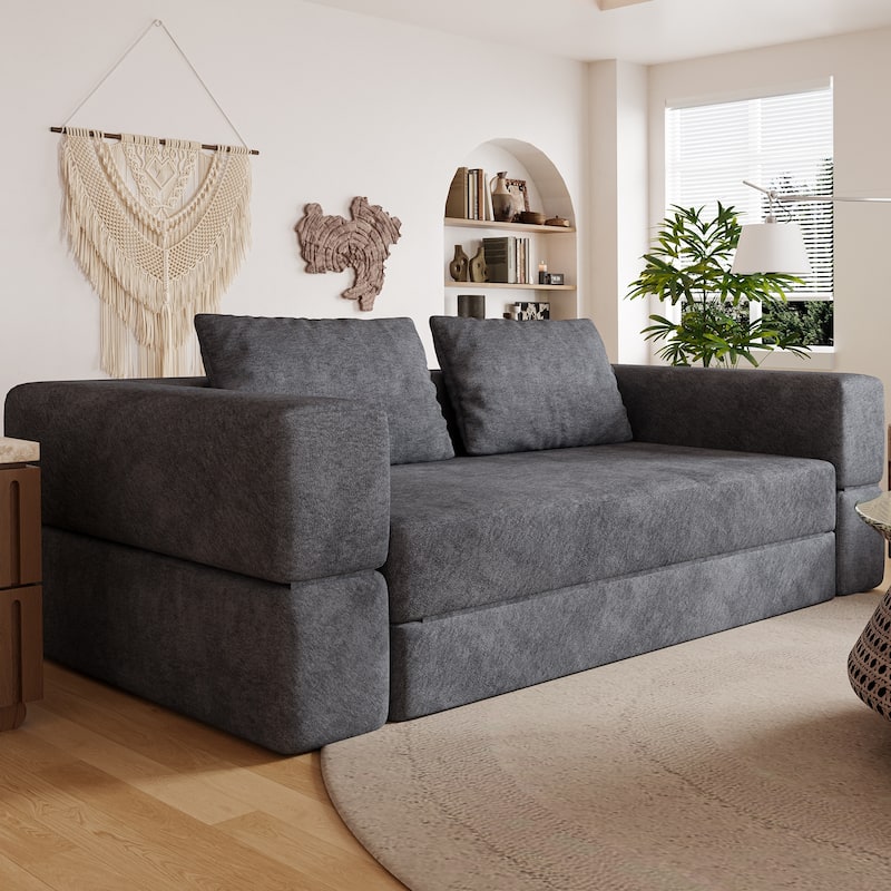 Folding Memory Foam Sleeper Sofa Bed Chenille Floor Couch Convertible into Sleeping Mattress with Rectangle Pillow and Cushions - Grey