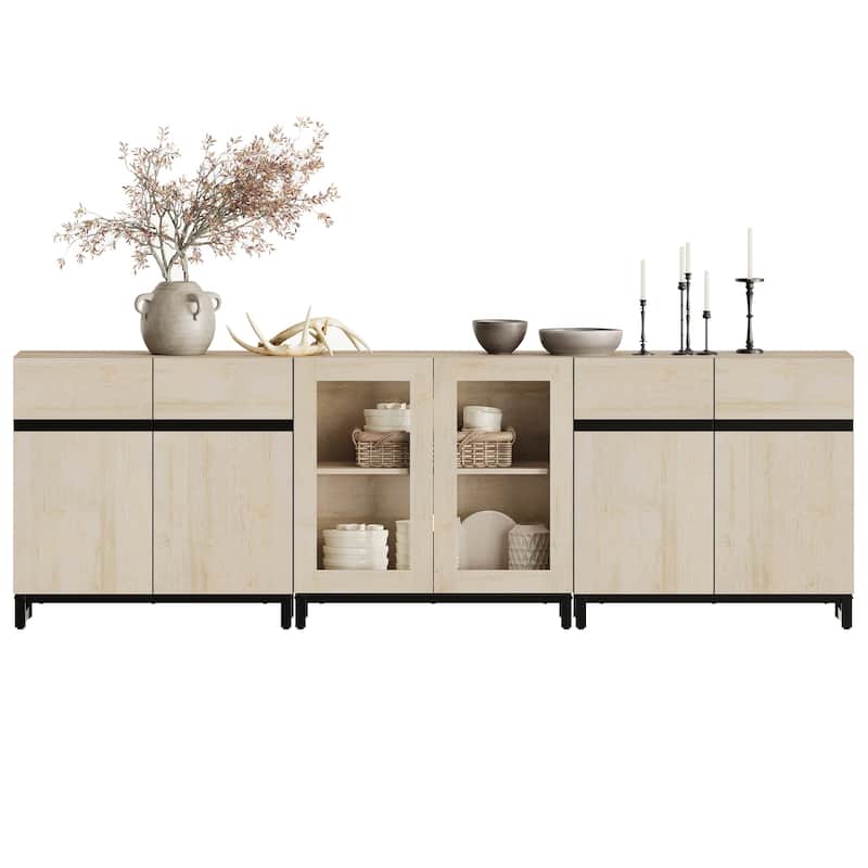 WAMPAT Modern Sideboard with Adjustable Shelves, 3 in 1 Storage Cabinet with Glass Doors, Coffee Bar Cabinet for Kitchen