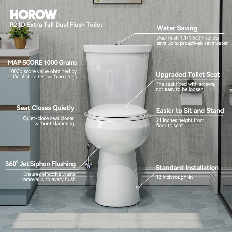 HOROW 21 in. Extra Tall 2-Piece Round Toilet in White with Comfortable Chair Height Seat and 1000g Powerful Flush - 21 Inch