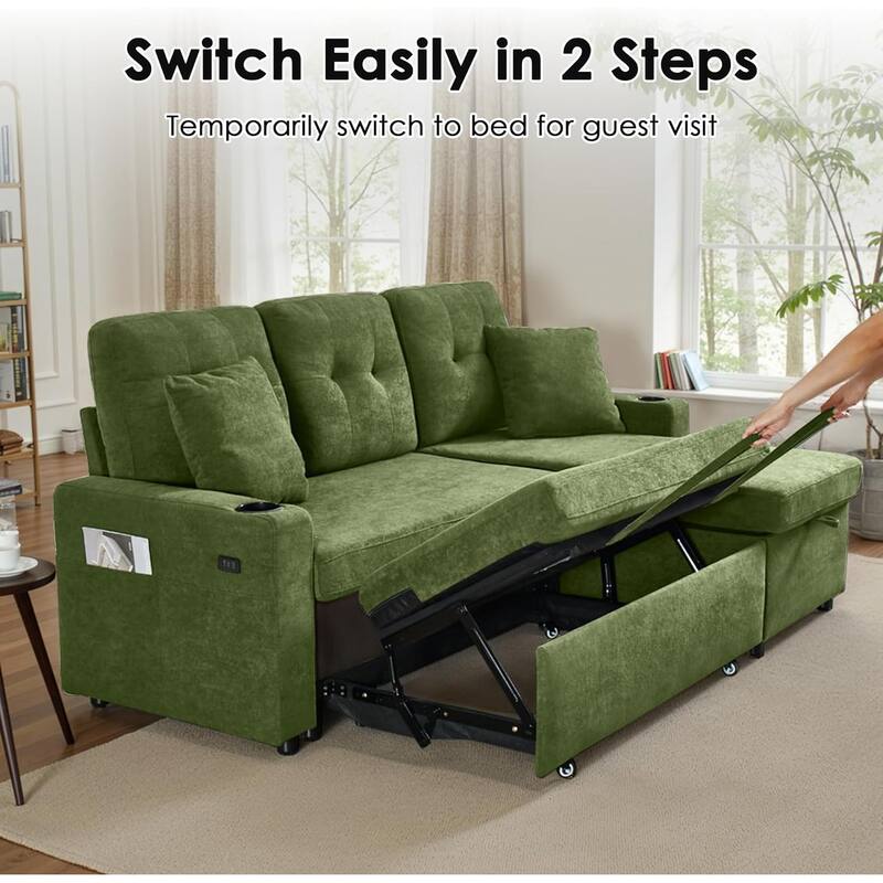 Reversible Sectional Sofa Couch,Sleeper Sofa Bed with Storage Chaise Pull Out Couch for Living Room,USB Charge,Cup Holder