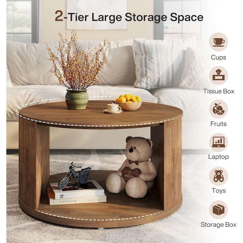 31.5" Walnut Round Coffee Table Center Table with Fluted Drum Base - 31.5"W x 31.5"D x 17.7"H