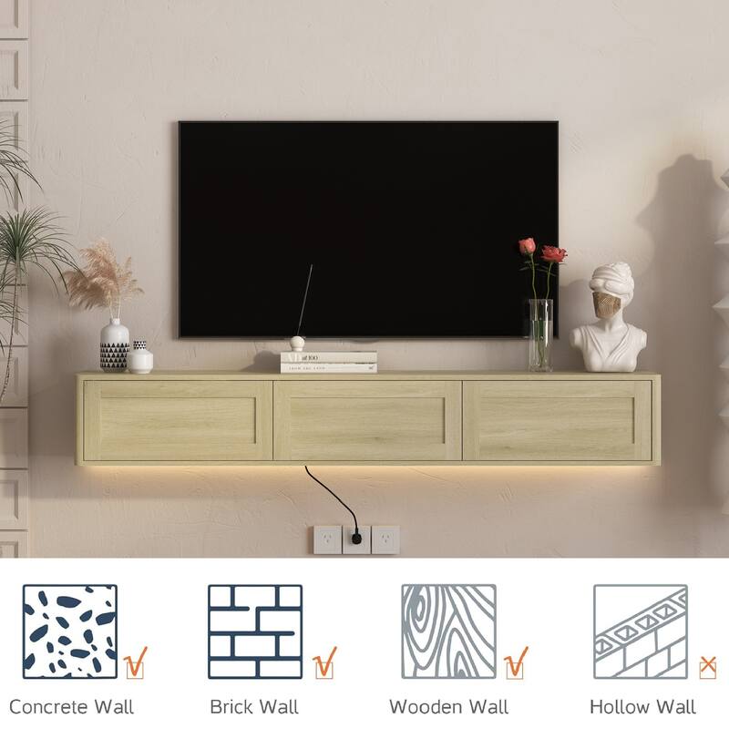 Floating LED TV Stand for Living Room, Wall Mounted TV Console Table with Power Outlet