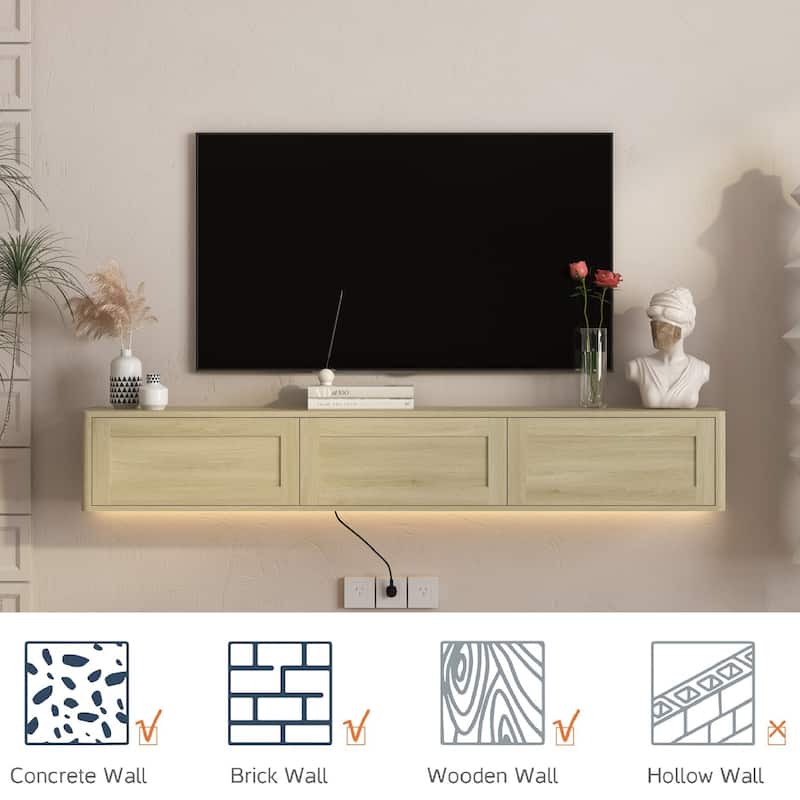 Floating TV Stand, Wall Mounted TV Shelf with Led Lights & Power Outlet,High Gloss TV Cabinet for TV Stands for Living Room