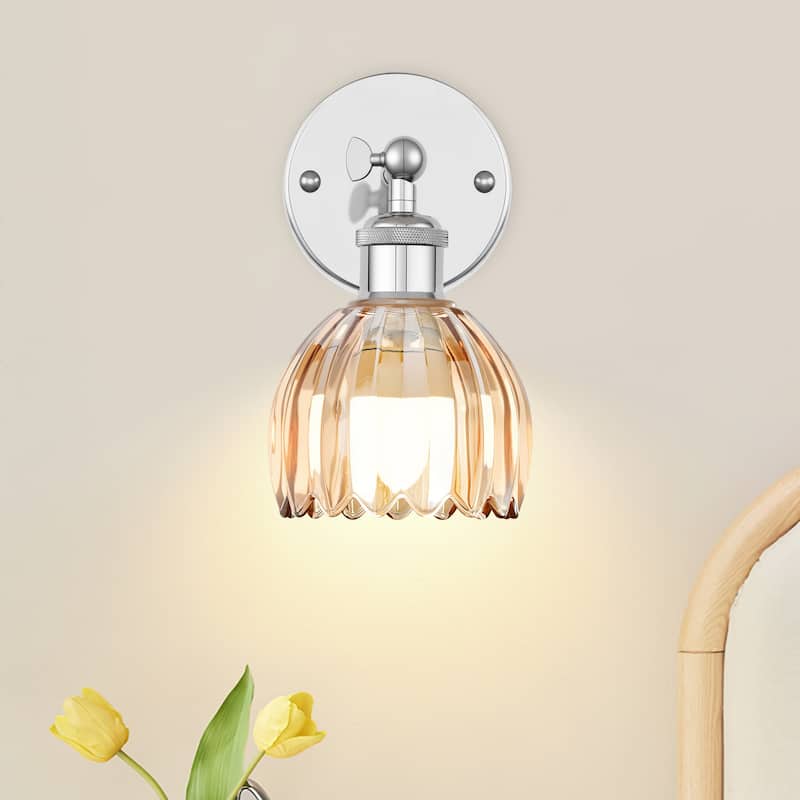 Adjustable Vintage Wall Sconce with Amber Tulip Glass Brass Fixture with Switch Ideal for Bedroom Hallway or Entry