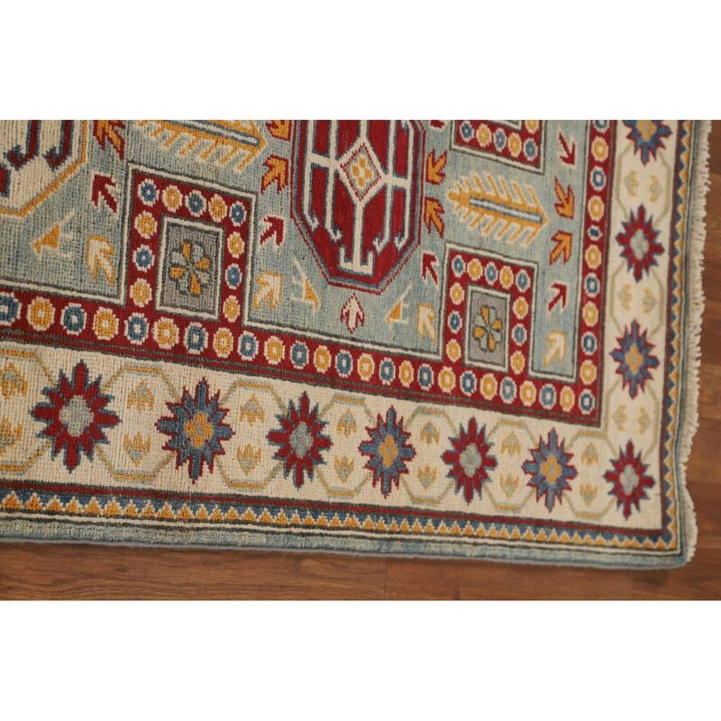 Geometric Kazak Runner Rug Handmade Traditional Blue Wool Carpet - 2'8" x 13'6"