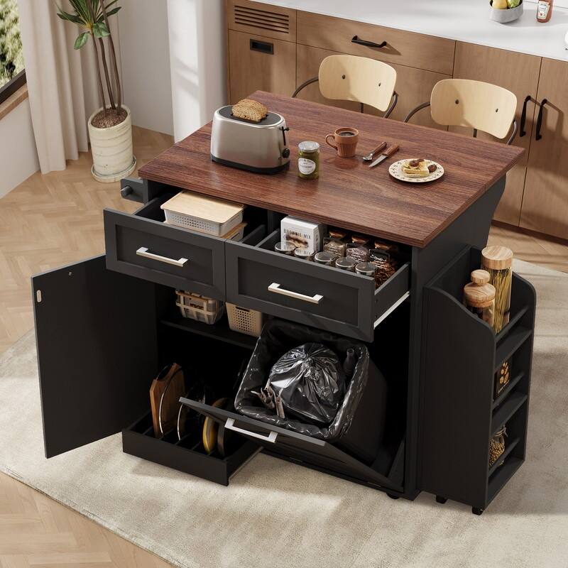 47.2" Rolling Kitchen Island on 5 Wheels with Drop Leaf, Kitchen Island with 2 Drawers, Trash Can Storage