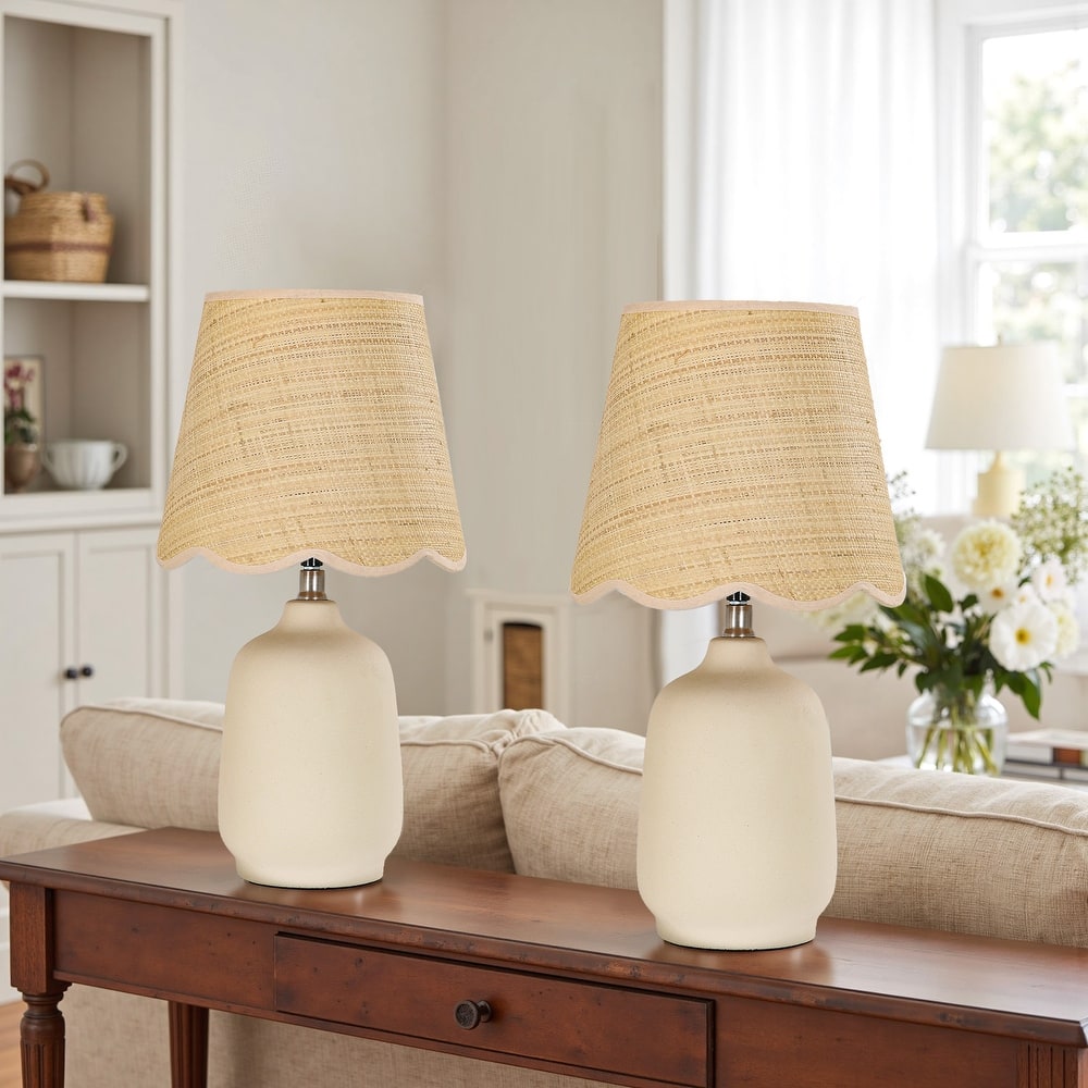 2 Pack Rustic Ceramic Accent Table Lamp with Raffia Shade