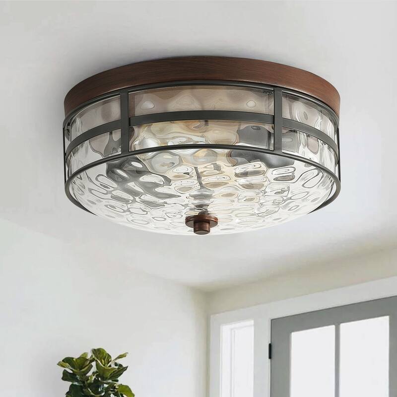 Vintage Black and Brown 2-Light Drum Flush Mount with Stone Ripple Glass