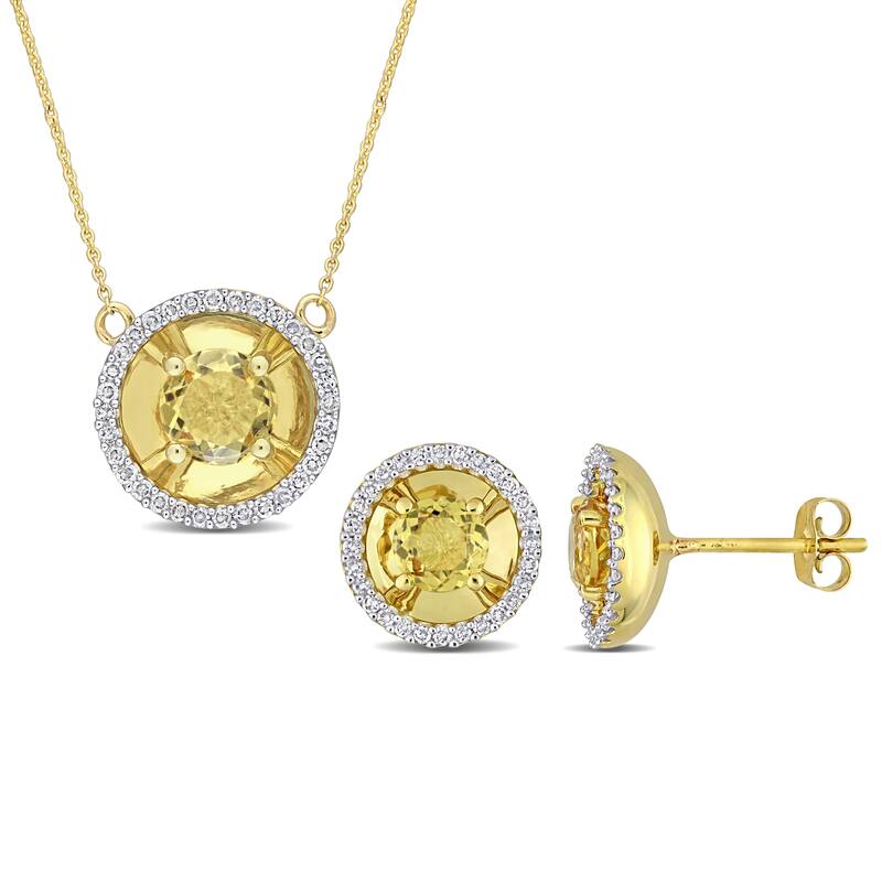 Miadora Citrine and 3/8ct TDW Diamond Halo Station Earrings and Necklace Set in 10k Yellow Gold