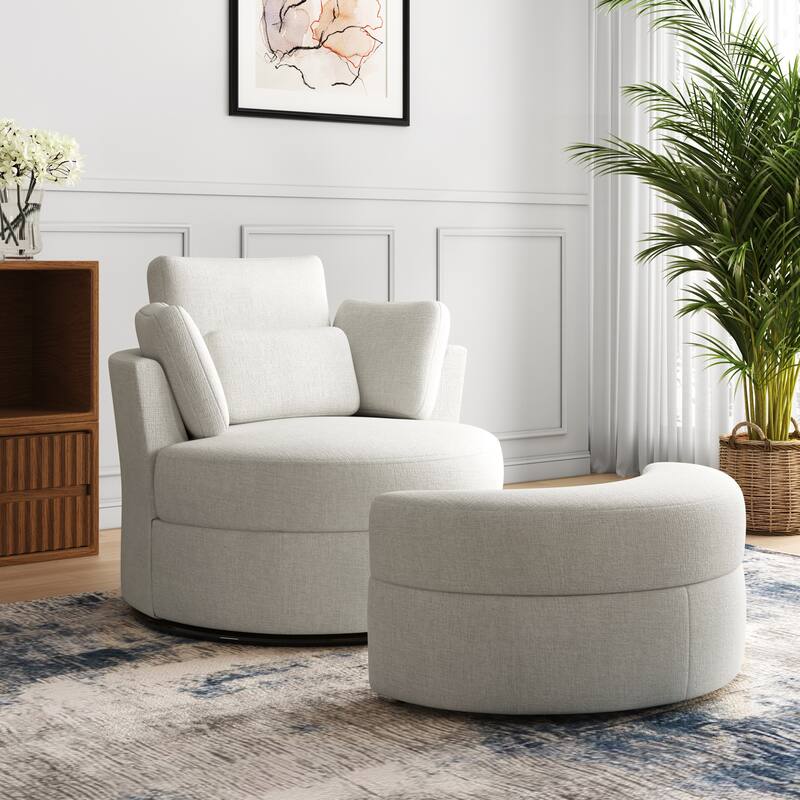 Oversized Upholstered Swivel Barrel Chairs with Storage Ottoman