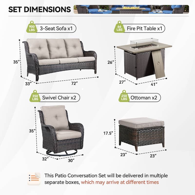 Gymojoy 6-Piece Outdoor Furniture Sofa Set with 2 Swivel Chairs, 2 Ottomans & 55K BTU Fire Pit Table