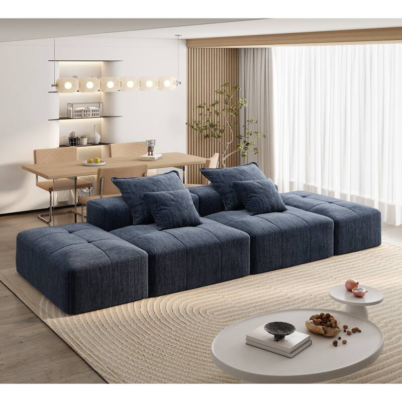 Modern Oversized Modular Chenille Sectional Sofa with 2 Ottomans and 2 Seat, 4 Pillows for Living Room - Blue