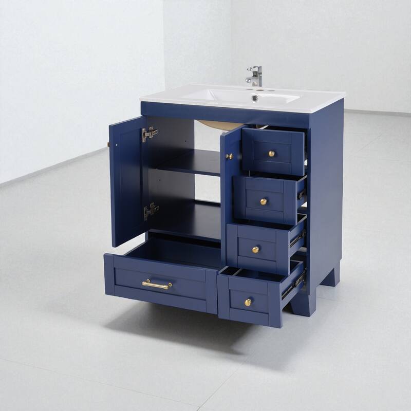 30" Bathroom Vanity with Ceramic Sink Solid Wood Frame Soft Close Drawers and Adjustable Storage Shelves
