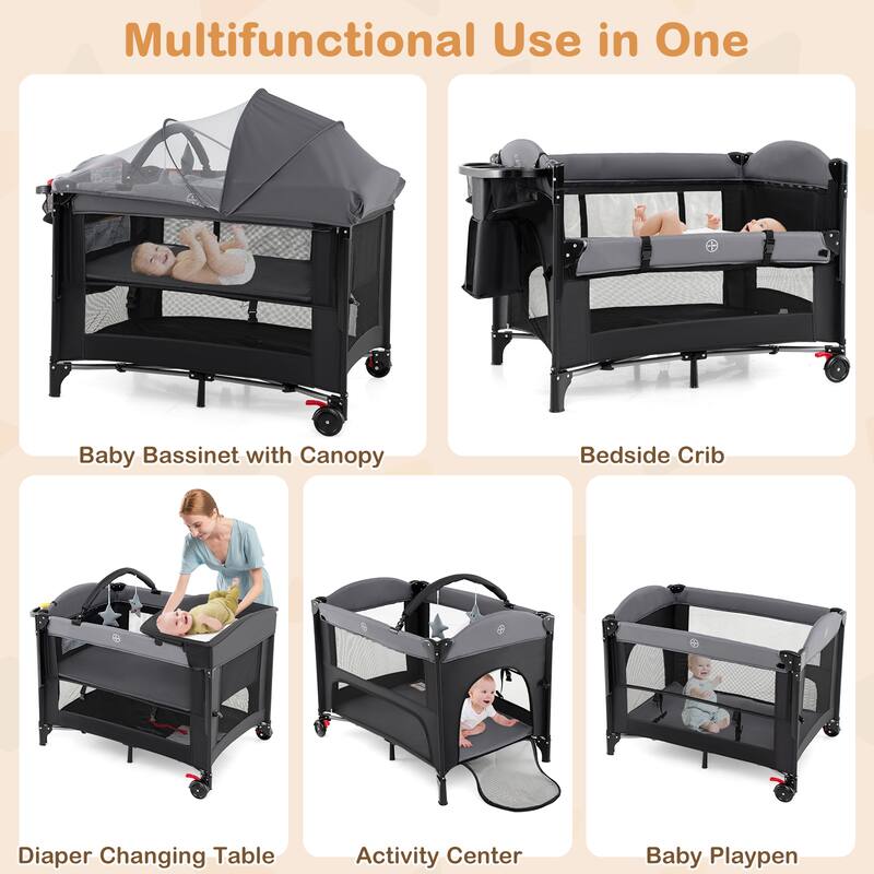 Multifunctional Kids Bassinets with Crib, Changing Table and Playpen - 39.5" L x 27.5" W x 28.5" H