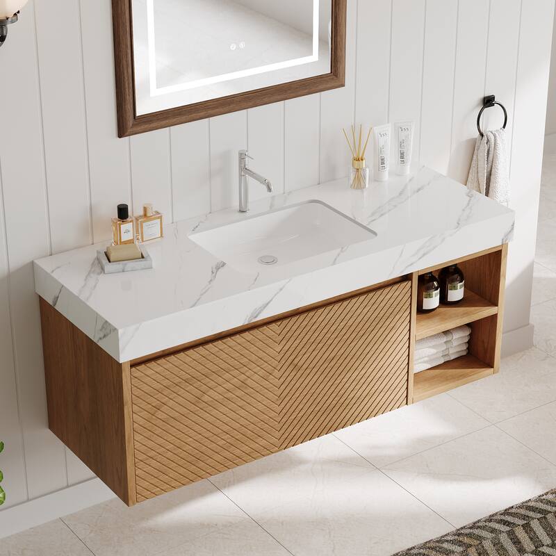 48" Modern Floating Single Bathroom Vanities, Solid Wood, Brown or natural wood, 2 Drawers - Stainless Steel Finish/Wood Finish/Matte - Natural wood