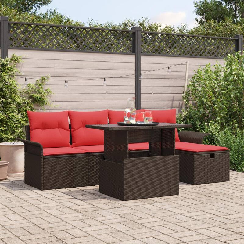 vidaXL 6 Garden Sofa Set with Cushions Black/Brown/Grey Poly Rattan - 98.8 x 46.1 x 27.2 - Brown
