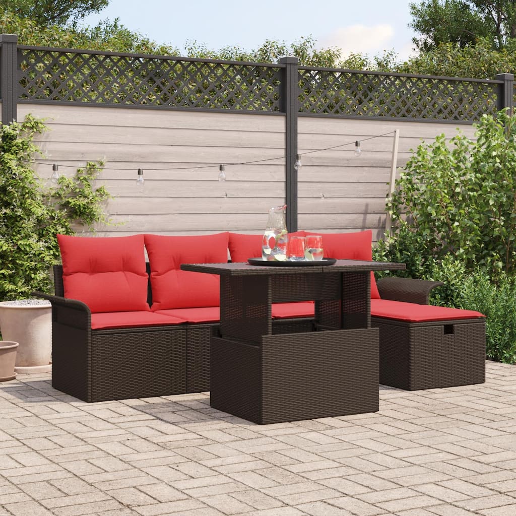 vidaXL 6 Garden Sofa Set with Cushions Black/Brown/Grey Poly Rattan - 98.8 x 46.1 x 27.2