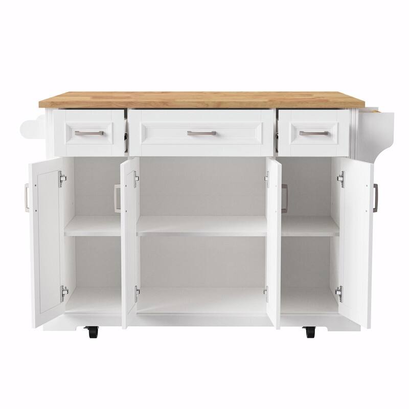 54" Rolling Kitchen Island Cart with Rubberwood Drop Leaf, 4 Doors & 3 Drawers