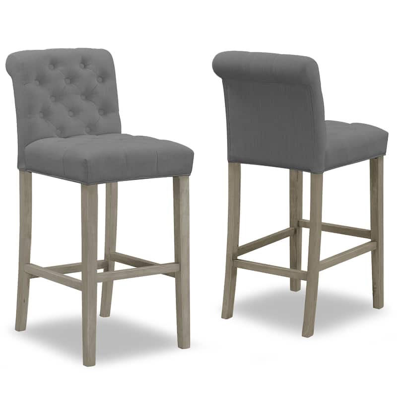 Set of 2 Aleen Grey Fabric Bar Stool with Roll Back and Tufted Buttons