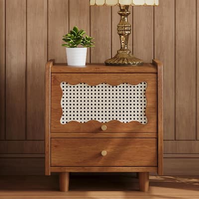 Bohemian Wooden Nightstand with Rattan Woven Storage Cabinet and 1 Drawer, Side Table with Solid Wood Legs, End Table