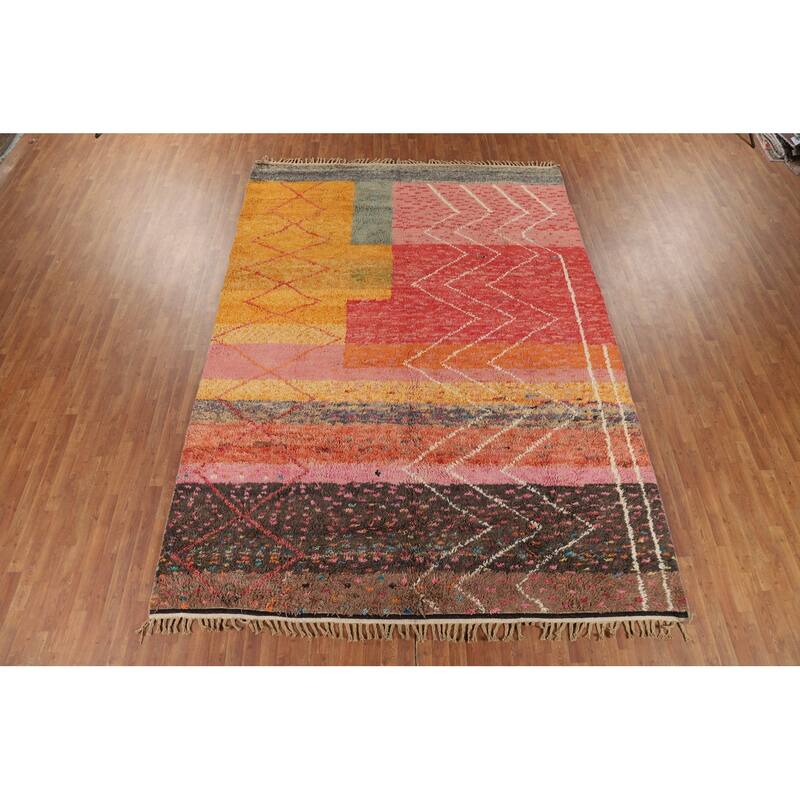 Plush Moroccan Oriental Area Rug Hand-Knotted Geometric Wool Carpet - 9'1" x 12'9"