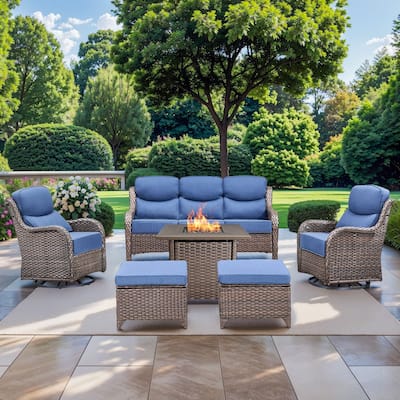 Pocassy 6 Pieces Outdoor 6" Sofa Swivel Chair Ottoman with Fire Pit Table