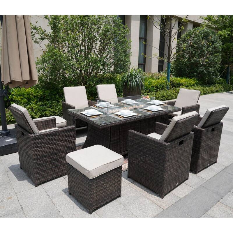 Luxury Style Dark Brown Wicker 11-Piece Outdoor Gas Fire Pit Dining Set